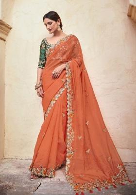 Orange Motif Organza Saree Set