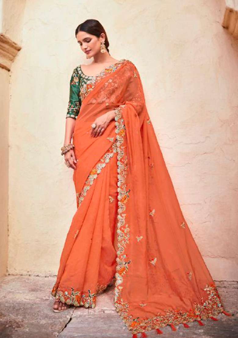 Orange Motif Organza Saree Set for Diwali | Wedding & Festive Wear - Indya