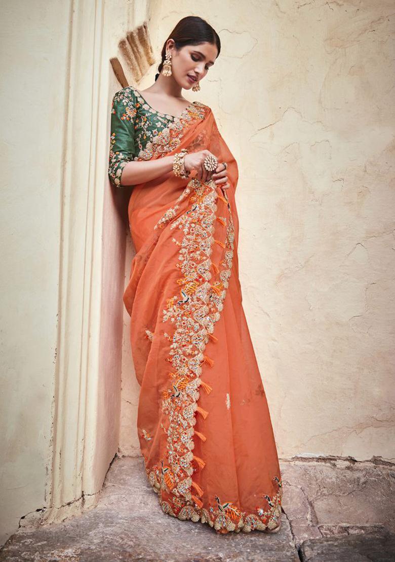 Orange Motif Organza Saree Set - Indya