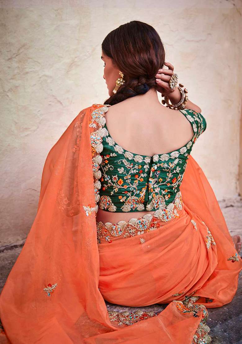 Orange Motif Organza Saree Set for Diwali | Wedding & Festive Wear - Indya