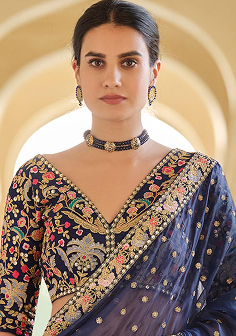 Blue Motif Organza Saree Set - Indya