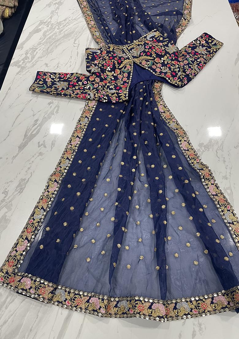 Blue Motif Organza Saree Set - Indya