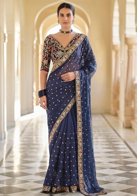 Blue Motif Organza Saree Set