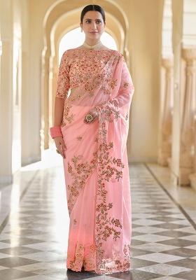 Pink Motif Organza Saree Set