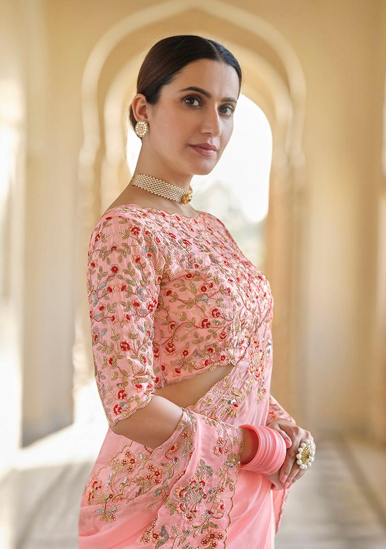 Pink Motif Organza Saree Set - Indya