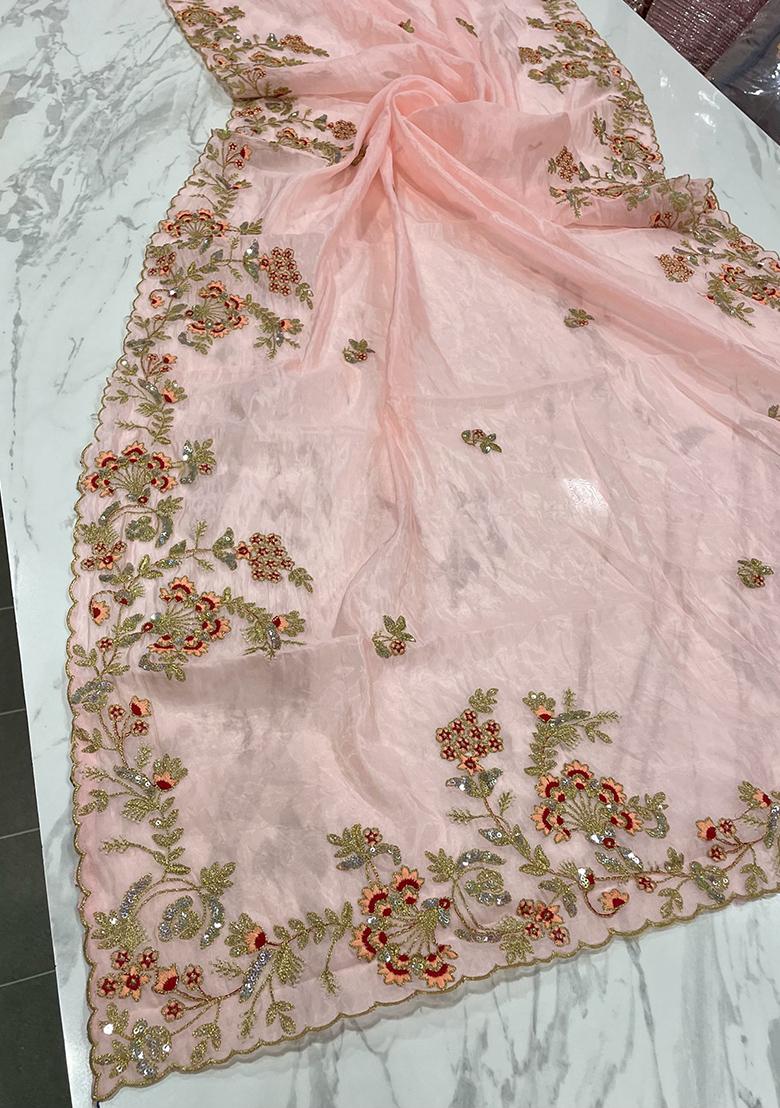 Pink Motif Organza Saree Set - Indya