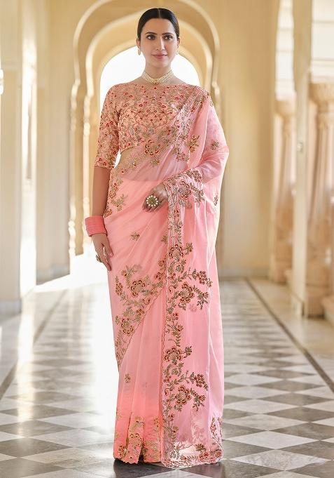 Pink Motif Organza Saree Set