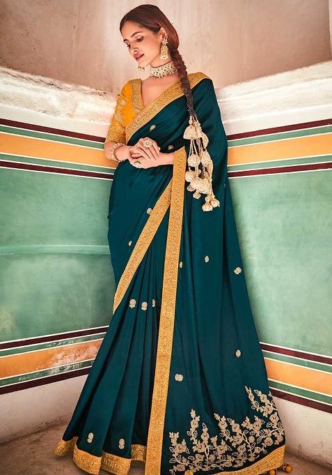Rama Green Motif Silk Saree Set