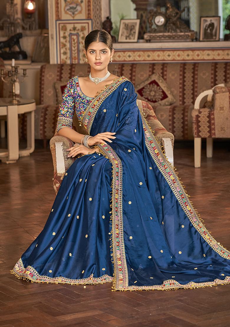 Navy Blue Motif Georgette Saree Set - Indya