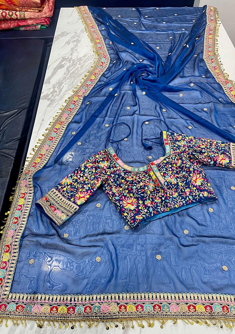 Navy Blue Motif Georgette Saree Set - Indya