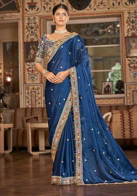 Navy Blue Motif Georgette Saree Set