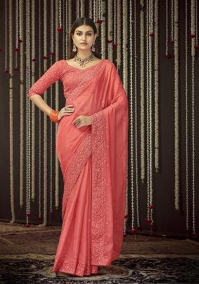 Peach Pink Motif Georgette Saree Set