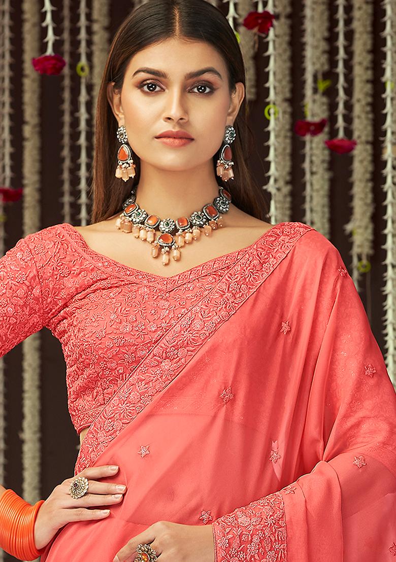Peach Pink Motif Georgette Saree Set - Indya