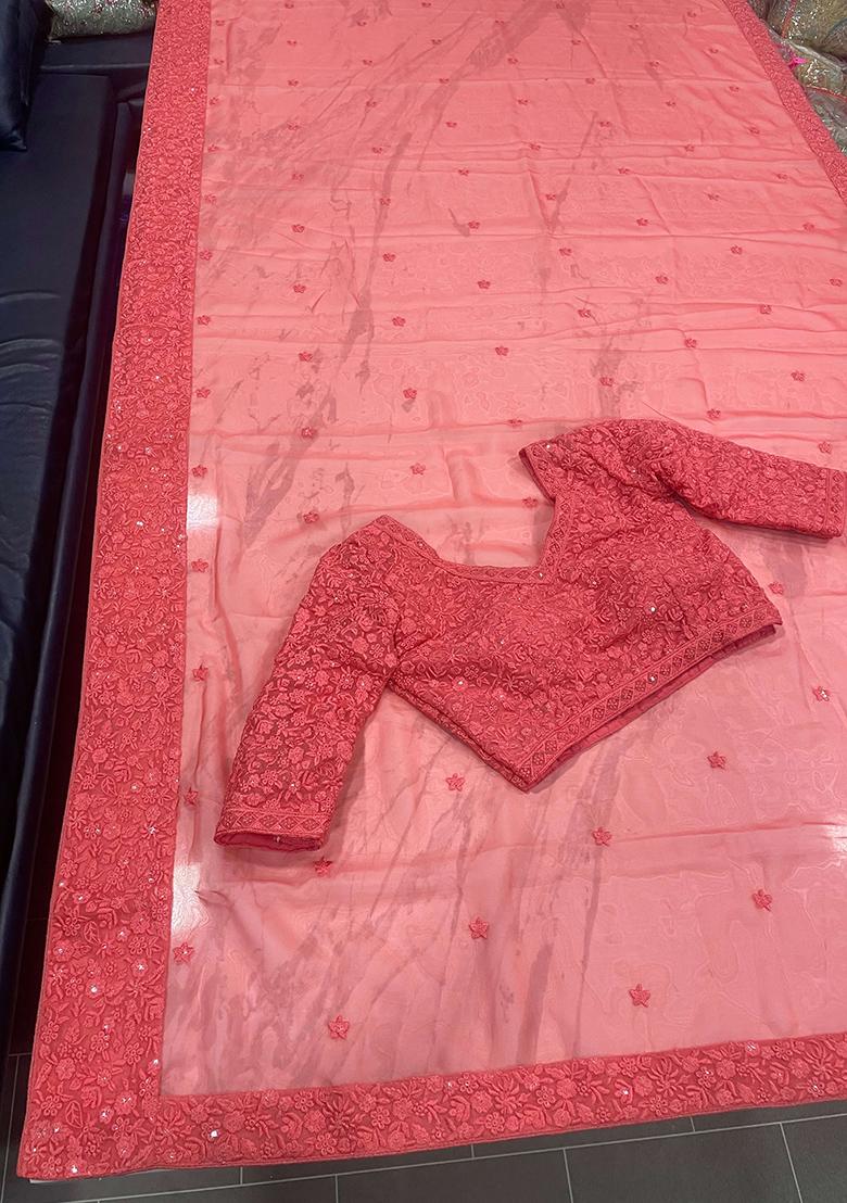 Peach Pink Motif Georgette Saree Set - Indya