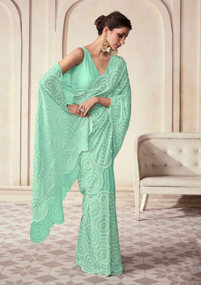 Aqua Green Motif Georgette Saree Set - Indya