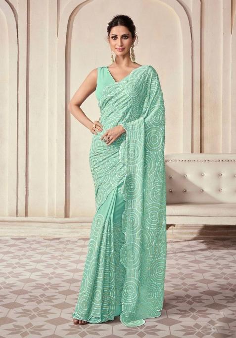 Aqua Green Motif Georgette Saree Set