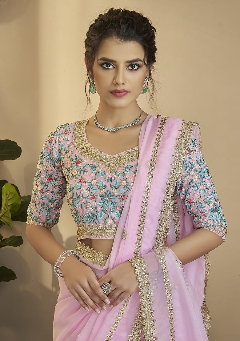 Pink Motif Organza Saree Set - Indya