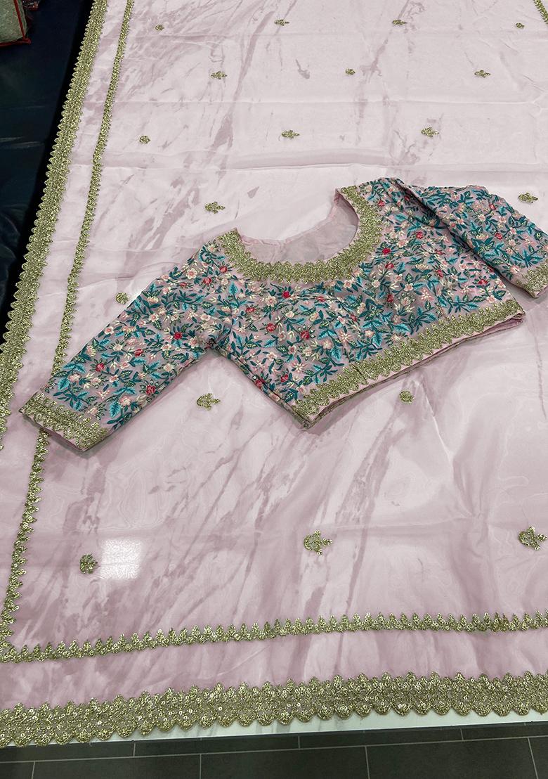 Pink Motif Organza Saree Set - Indya