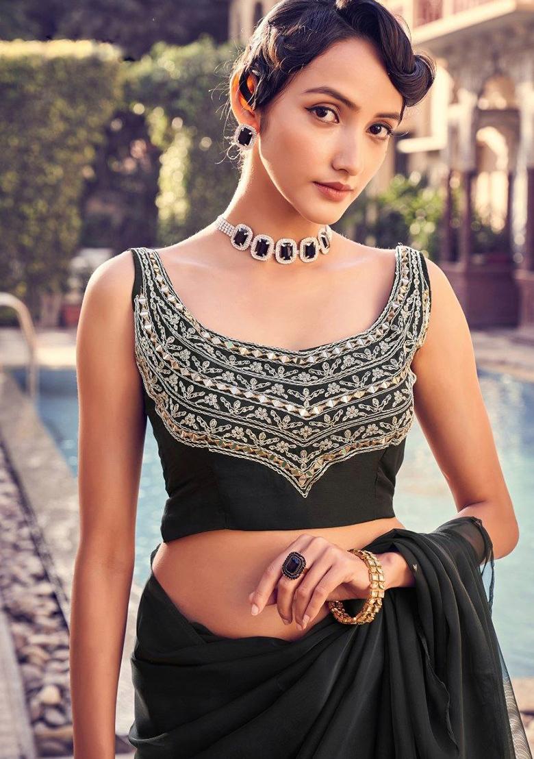 Black Motif Organza Saree Set - Indya