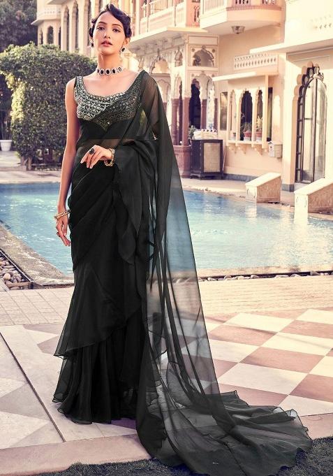 Black Motif Organza Saree Set
