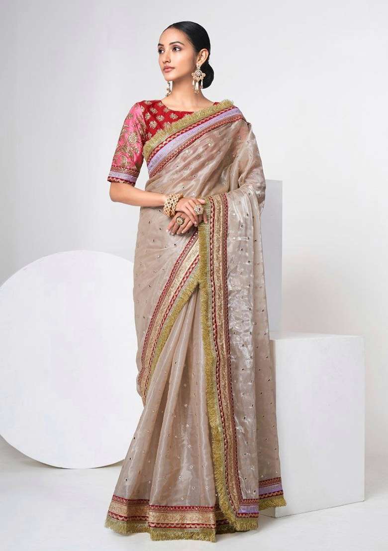 Beige Motif Jimmy Choo Saree Set for Diwali and Festive Wear - Indya