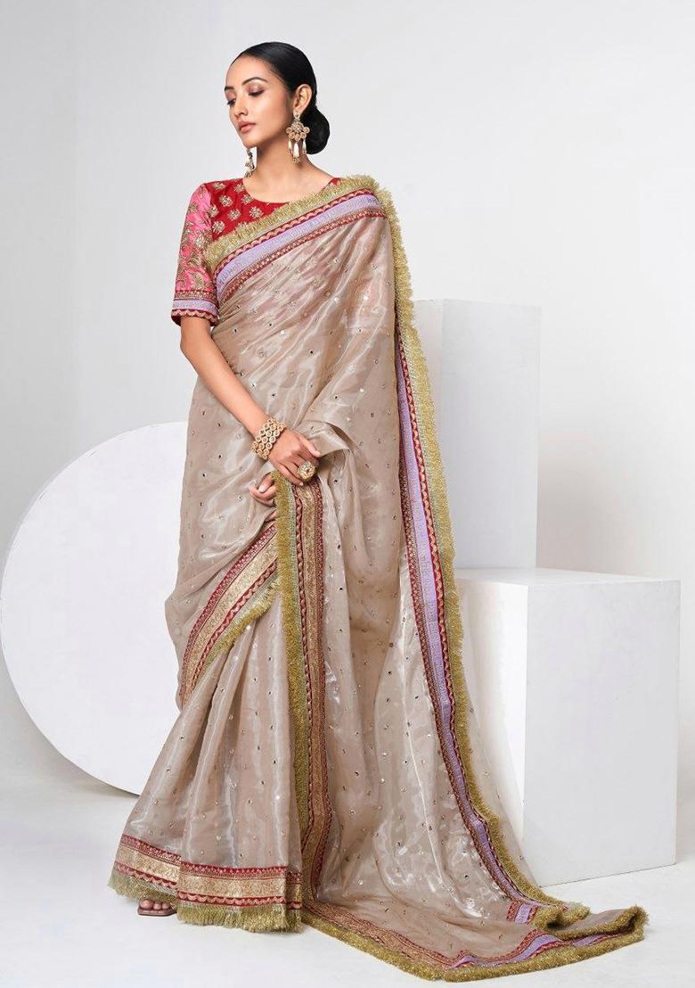 Beige Motif Jimmy Choo Saree Set - Indya