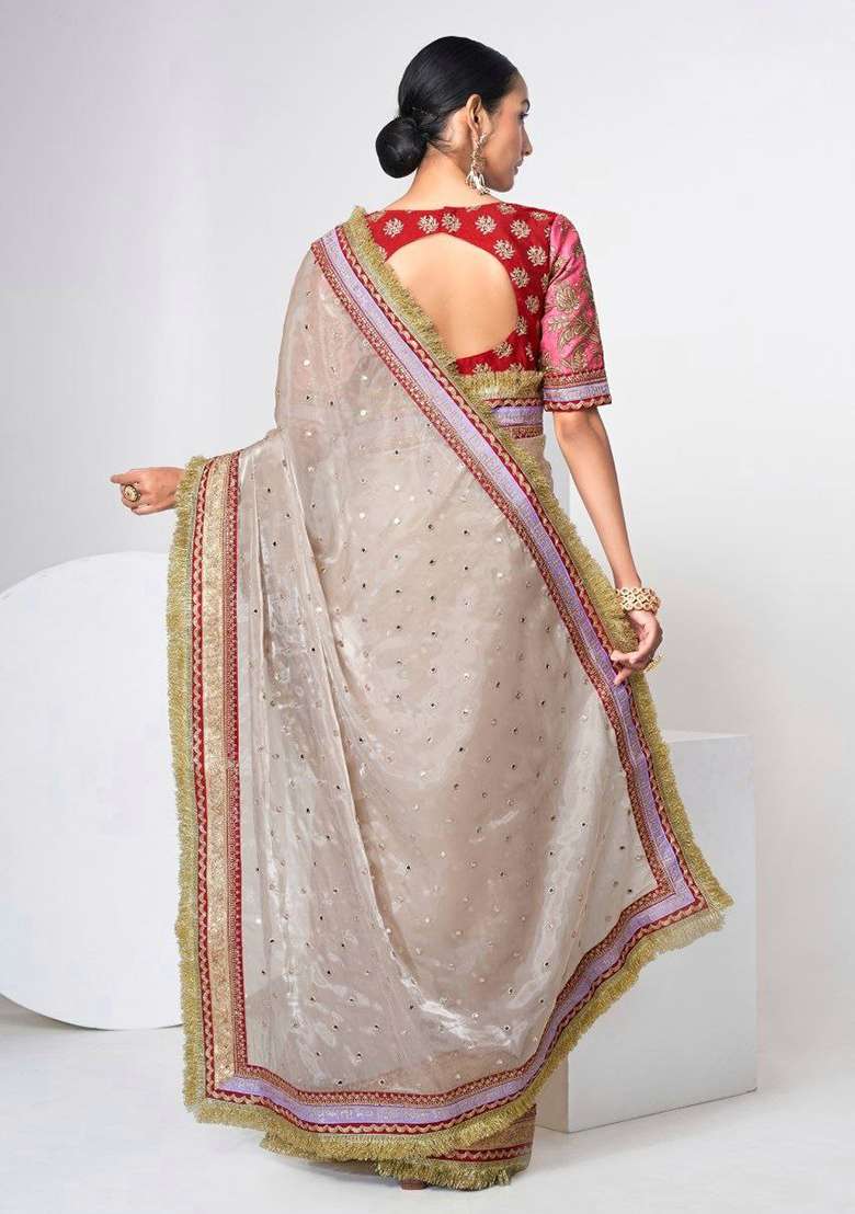Beige Motif Jimmy Choo Saree Set for Diwali and Festive Wear - Indya