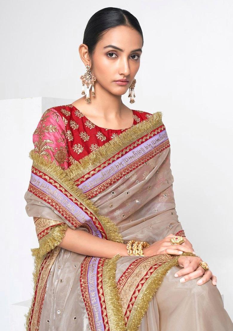 Beige Motif Jimmy Choo Saree Set - Indya