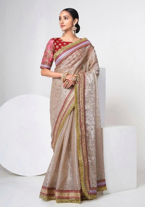 Beige Motif Jimmy Choo Saree Set