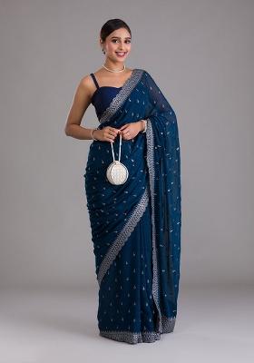 Blue Motif Chinon Chiffon Saree Set
