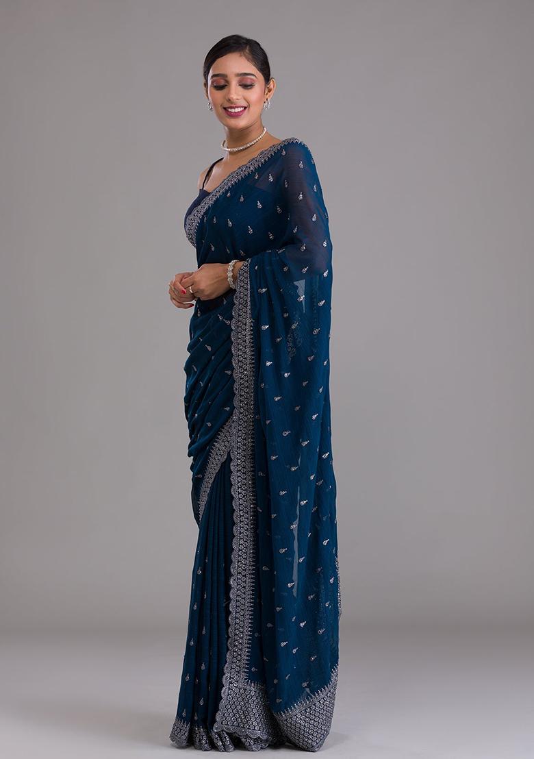 Blue Motif Chinon Chiffon Saree Set - Indya