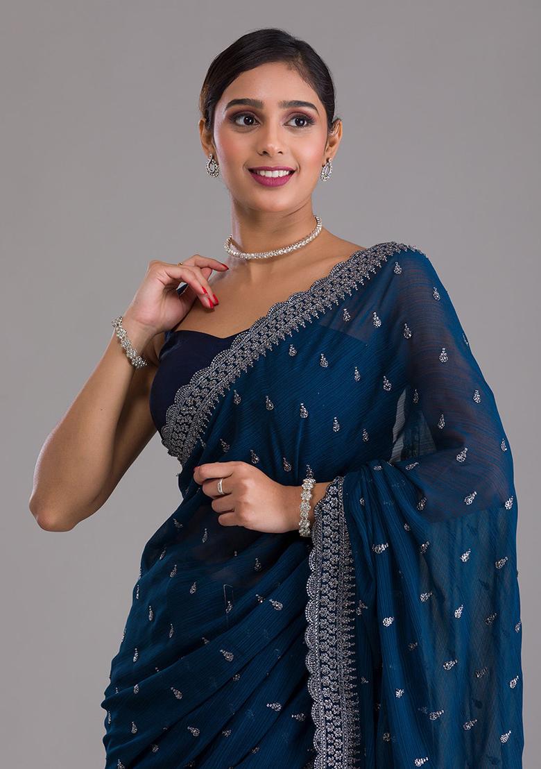 Blue Motif Chinon Chiffon Saree Set - Indya
