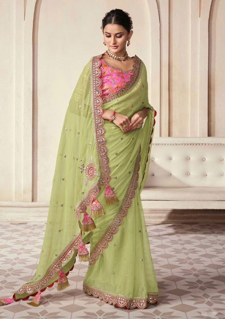Green Motif Organza Saree Set - Indya
