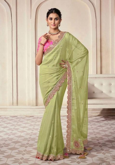 Green Motif Organza Saree Set