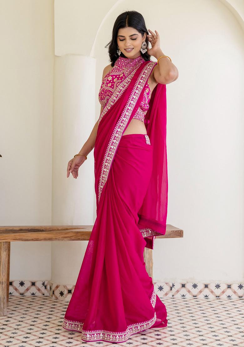 Pink Motif Silk Saree Set - Indya