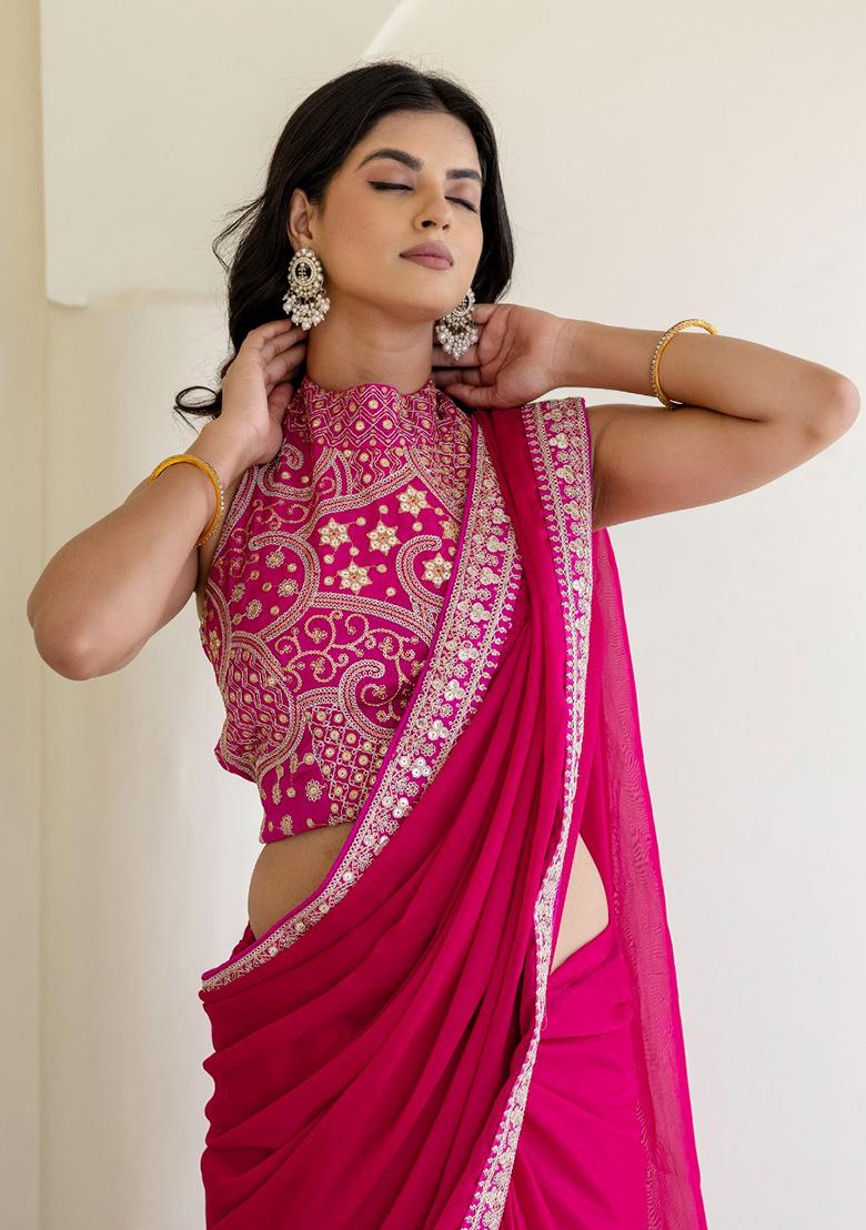 Pink Motif Silk Saree Set - Indya