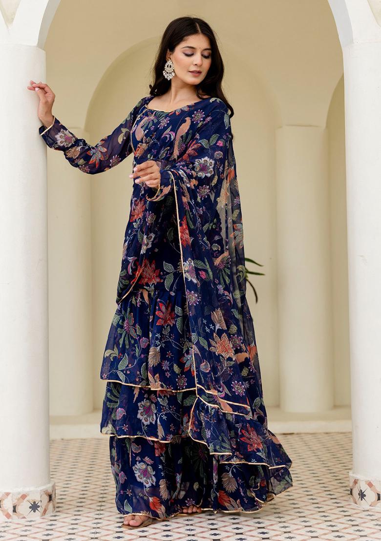 Blue Motif Georgette Saree Set - Indya