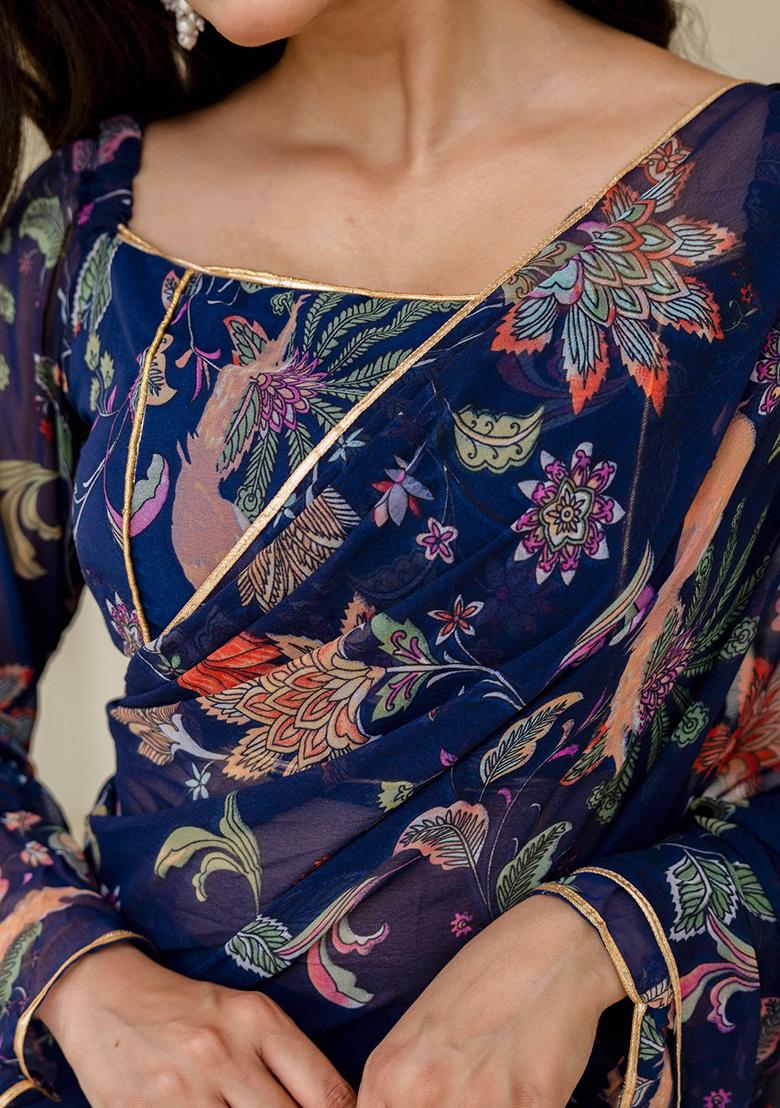 Blue Motif Georgette Saree Set - Indya