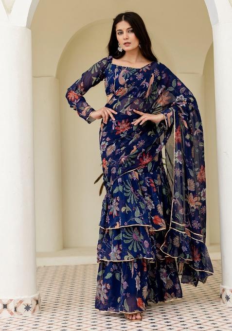 Blue Motif Georgette Saree Set