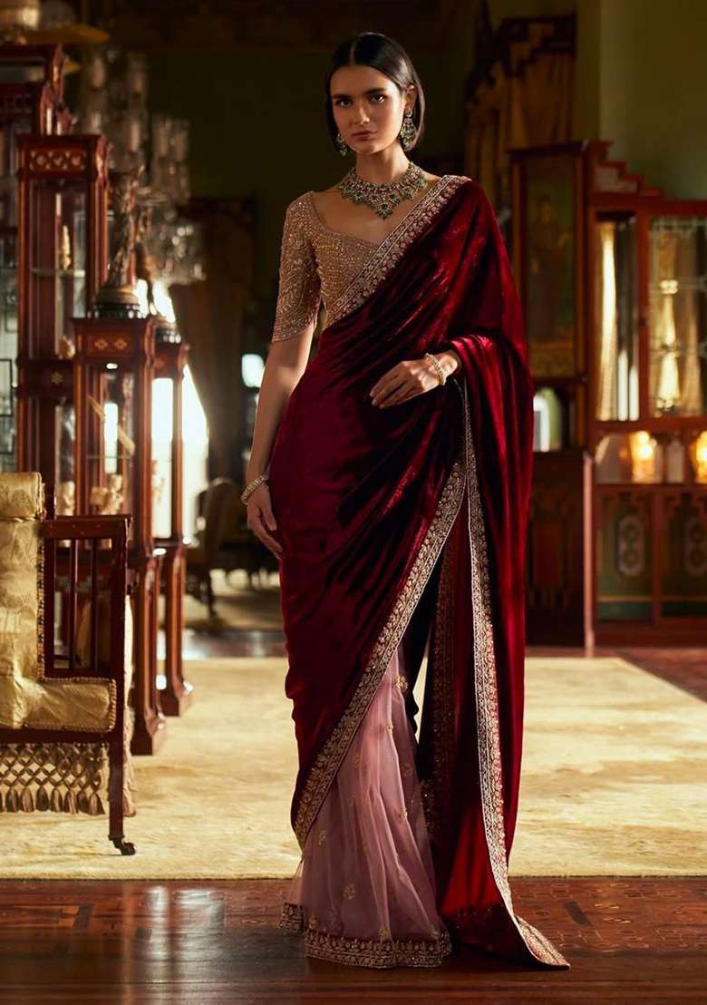 Maroon Motif Velvet Saree Set for Diwali | Wedding & Festive Wear - Indya