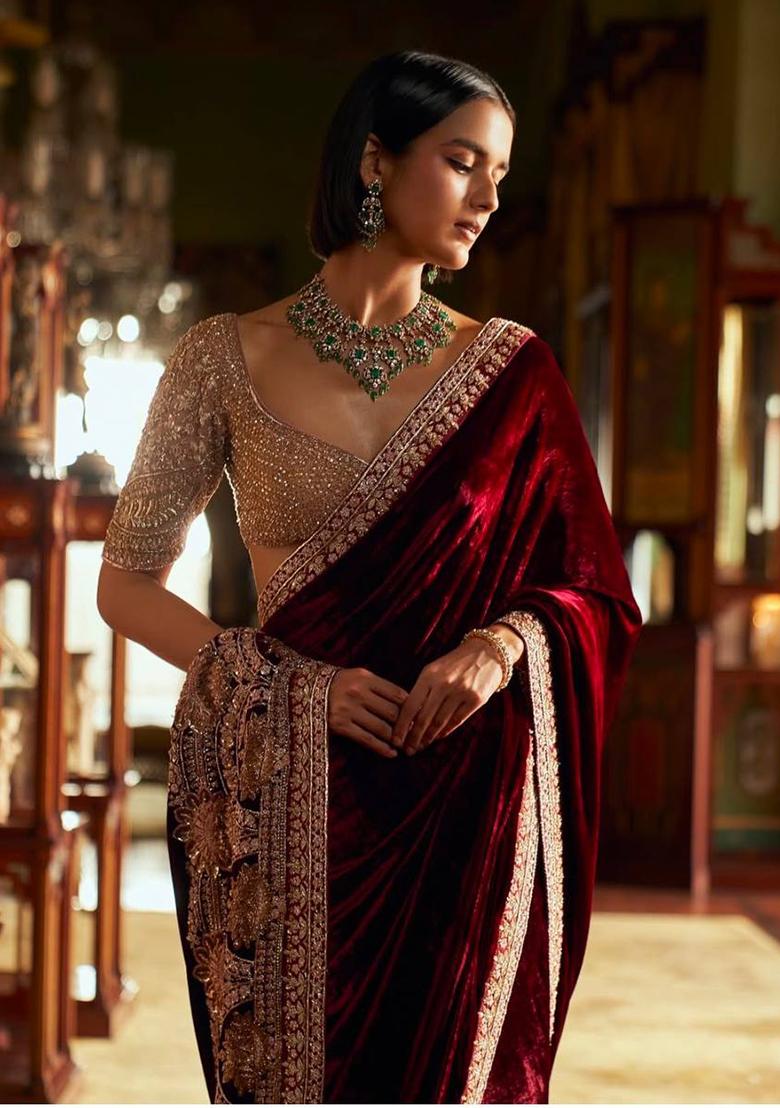 Maroon Motif Velvet Saree Set - Indya
