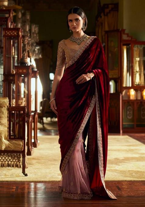 Maroon Motif Velvet Saree Set