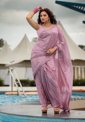 Pink Motif Georgette Saree Set