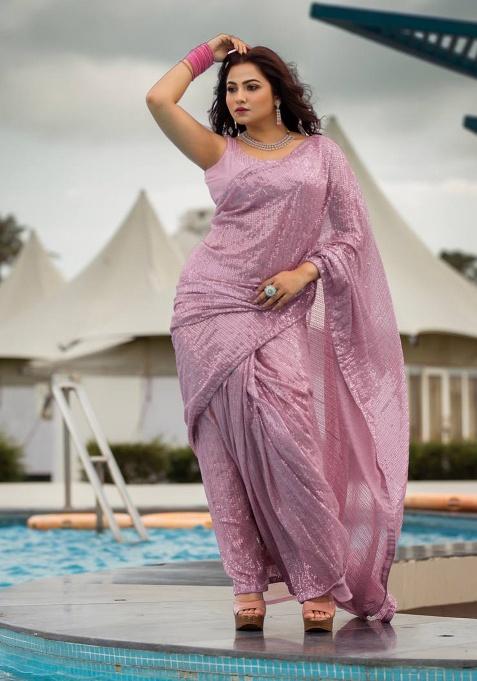 Pink Motif Georgette Saree Set