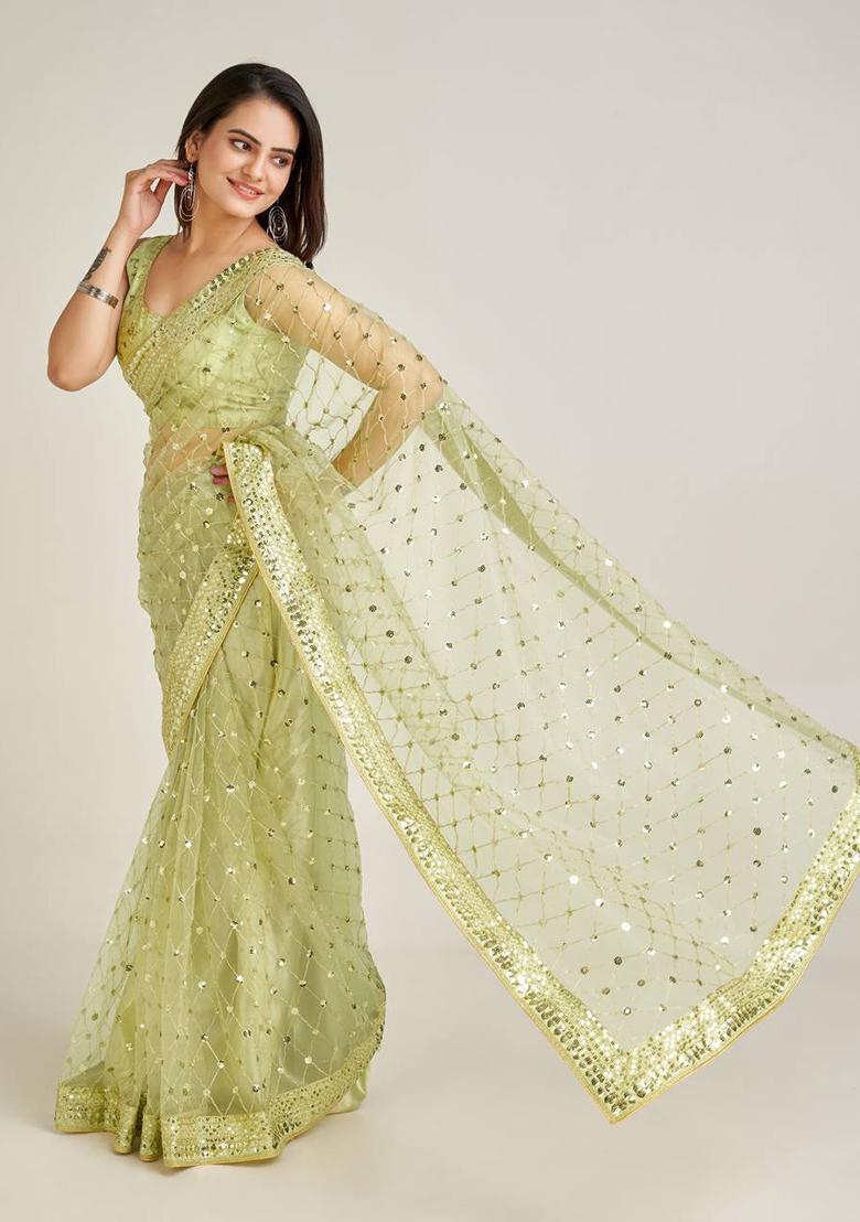 Parrot Green Motif Net Saree Set - Indya