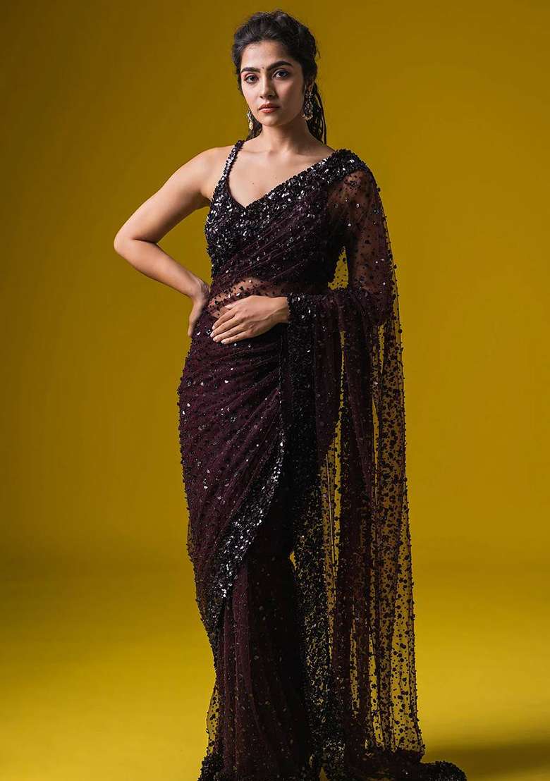 Wine Motif Net Saree Set for Diwali and Festive Wear - Indya