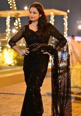Black Motif Net Saree Set