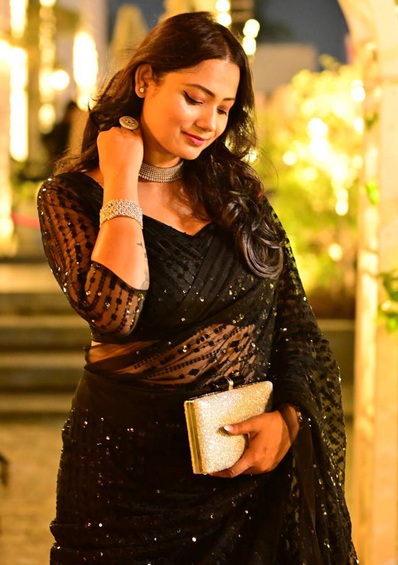 Black Motif Net Saree Set - Indya