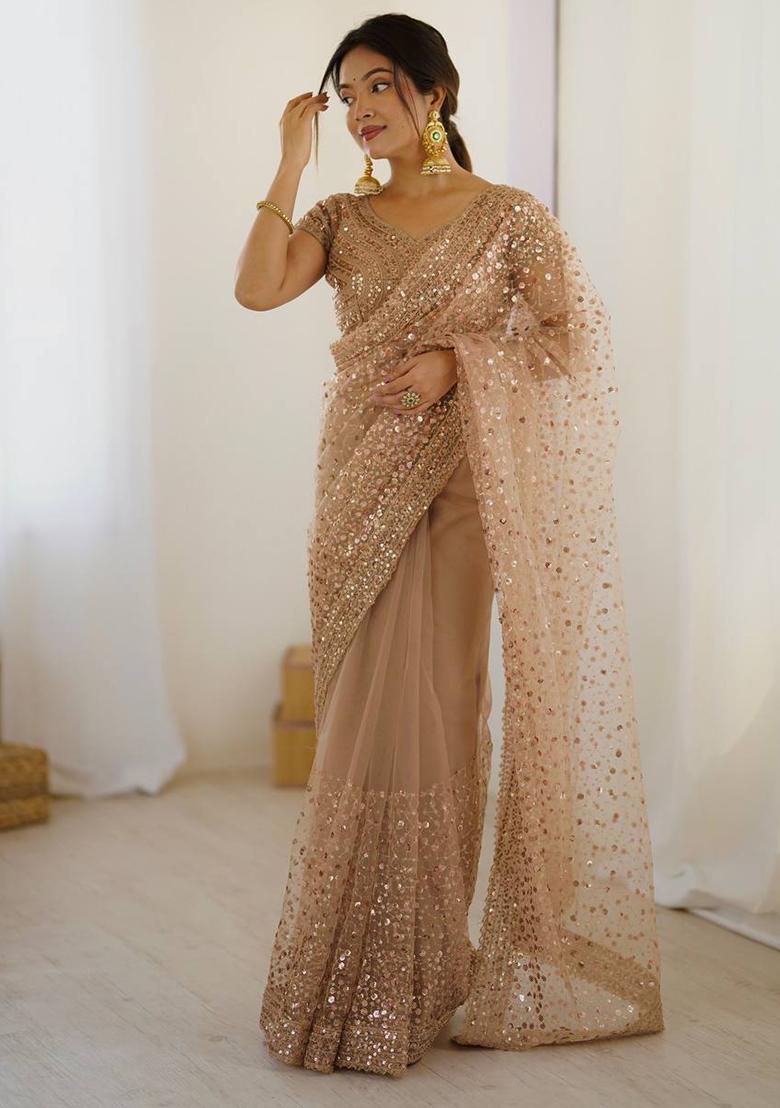 Golden Motif Net Saree Set - Indya