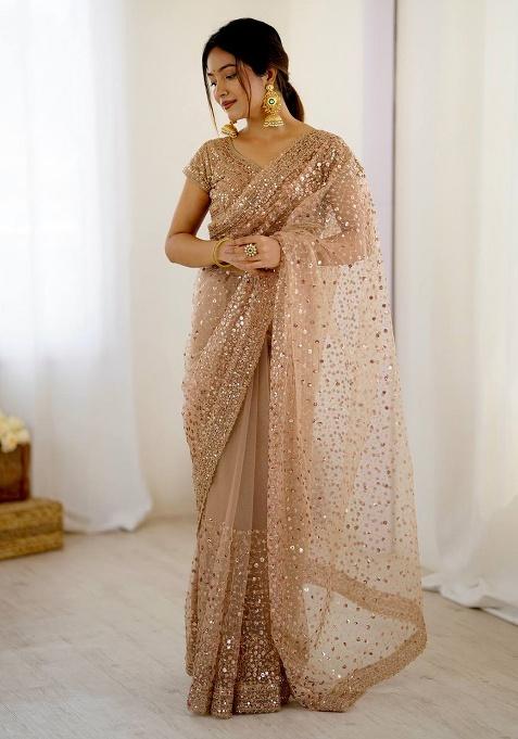 Golden Motif Net Saree Set